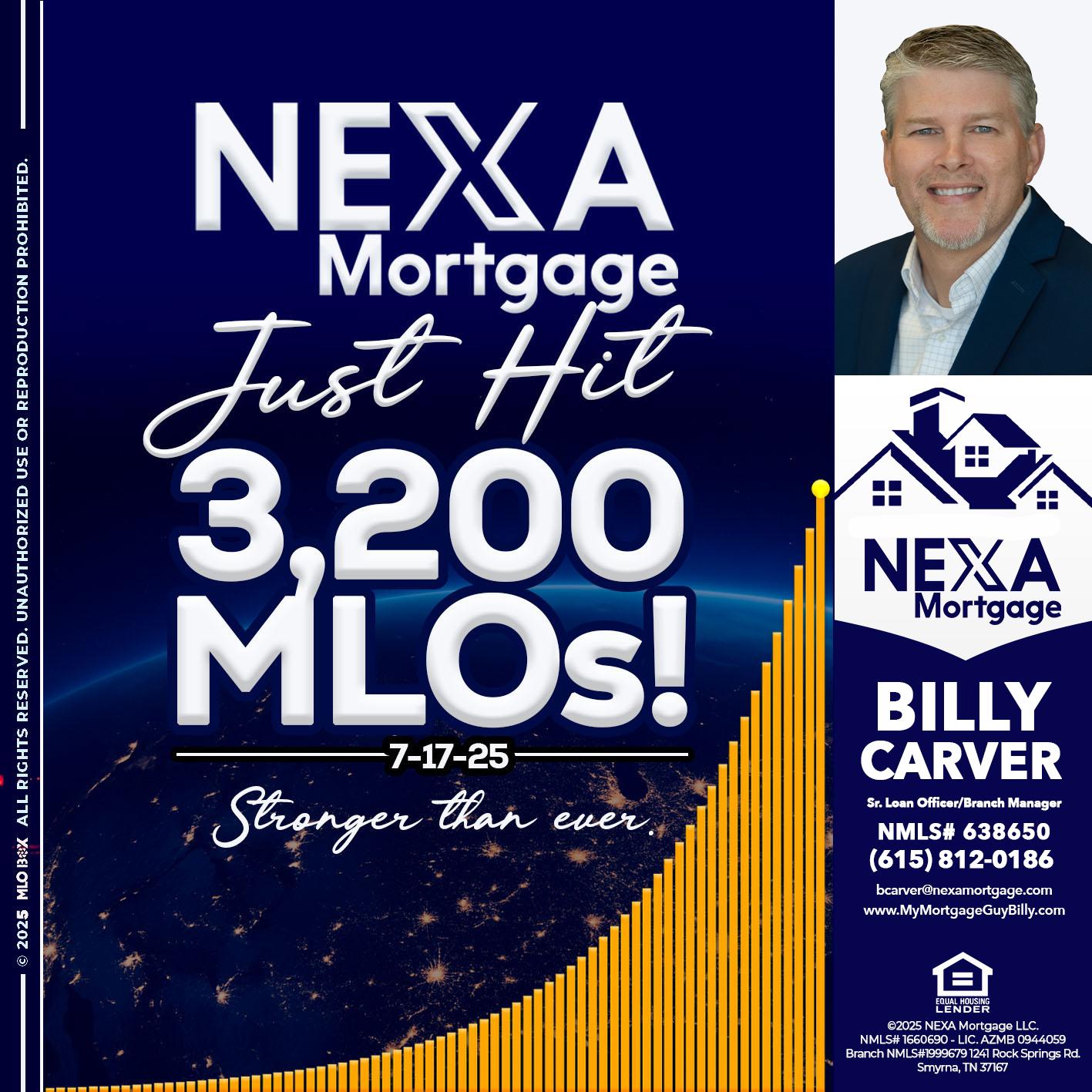 JUST HIT 3,200 MLOs - Billy Carver -Sr Loan Officer / Branch Manager