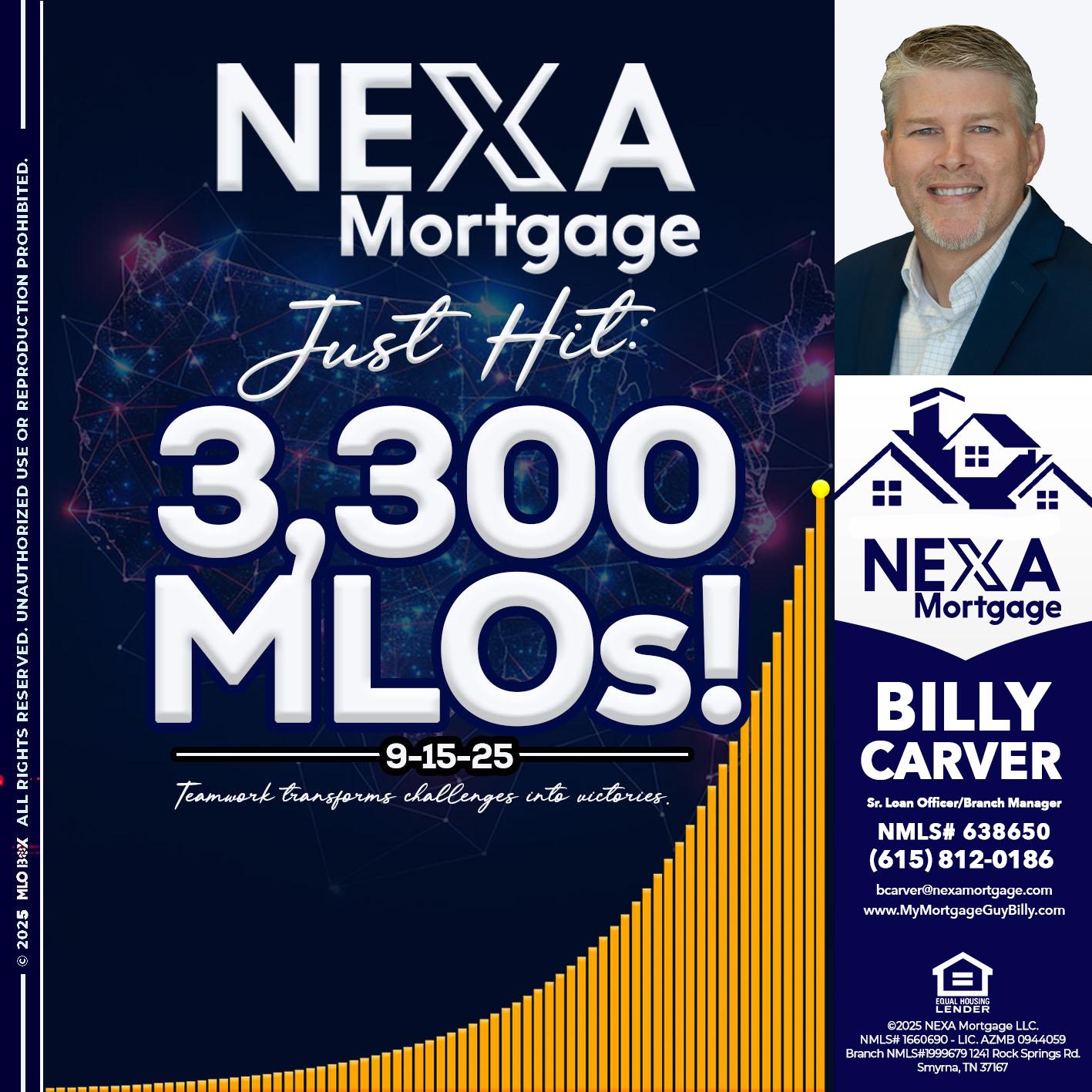NEXA JUST HIT 3300 MLOS - Billy Carver -Sr Loan Officer / Branch Manager