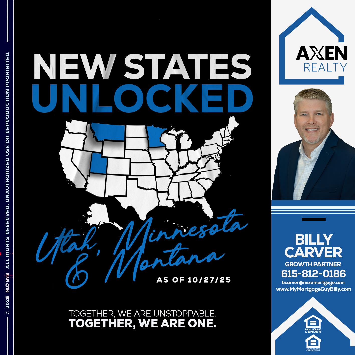 new states unlocked - Billy Carver -Sr Loan Officer / Branch Manager