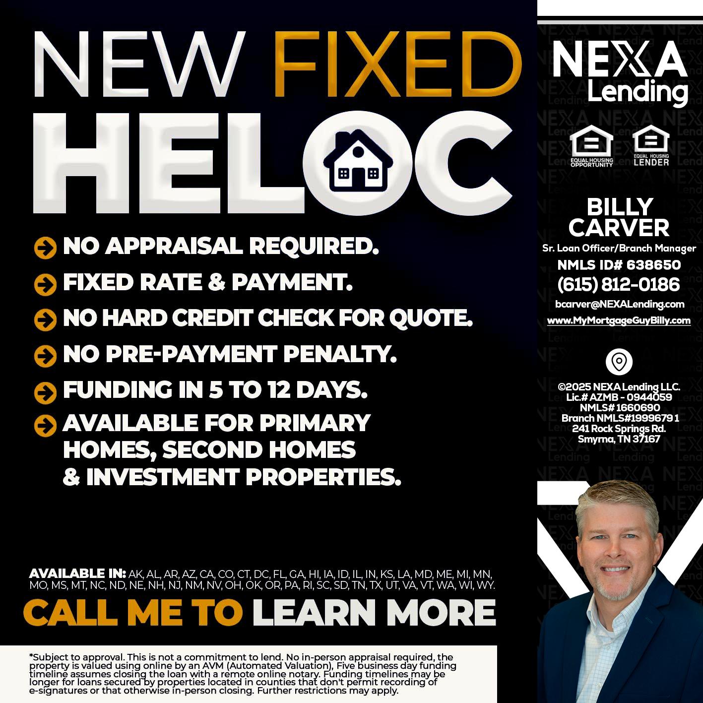 HELOC - Billy Carver -Sr Loan Officer / Branch Manager