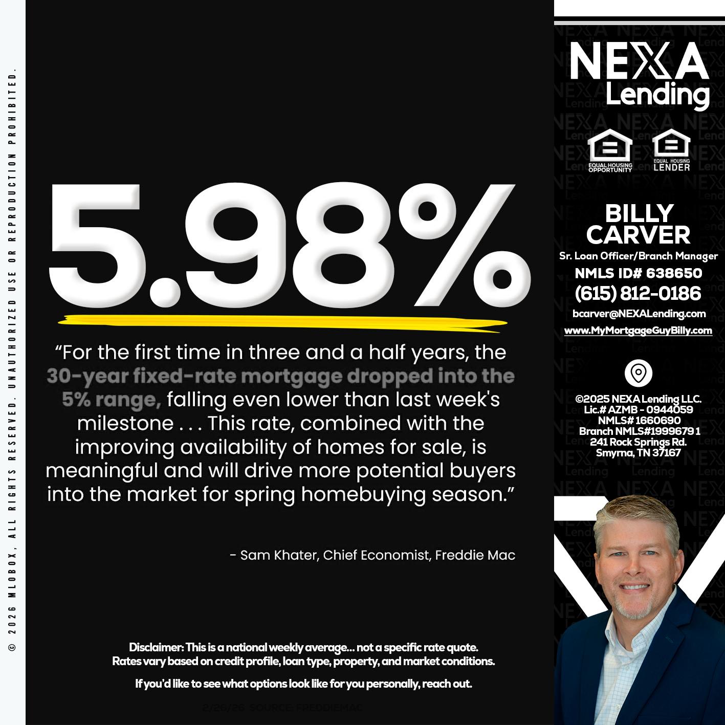 5.98% - Billy Carver -Sr Loan Officer / Branch Manager