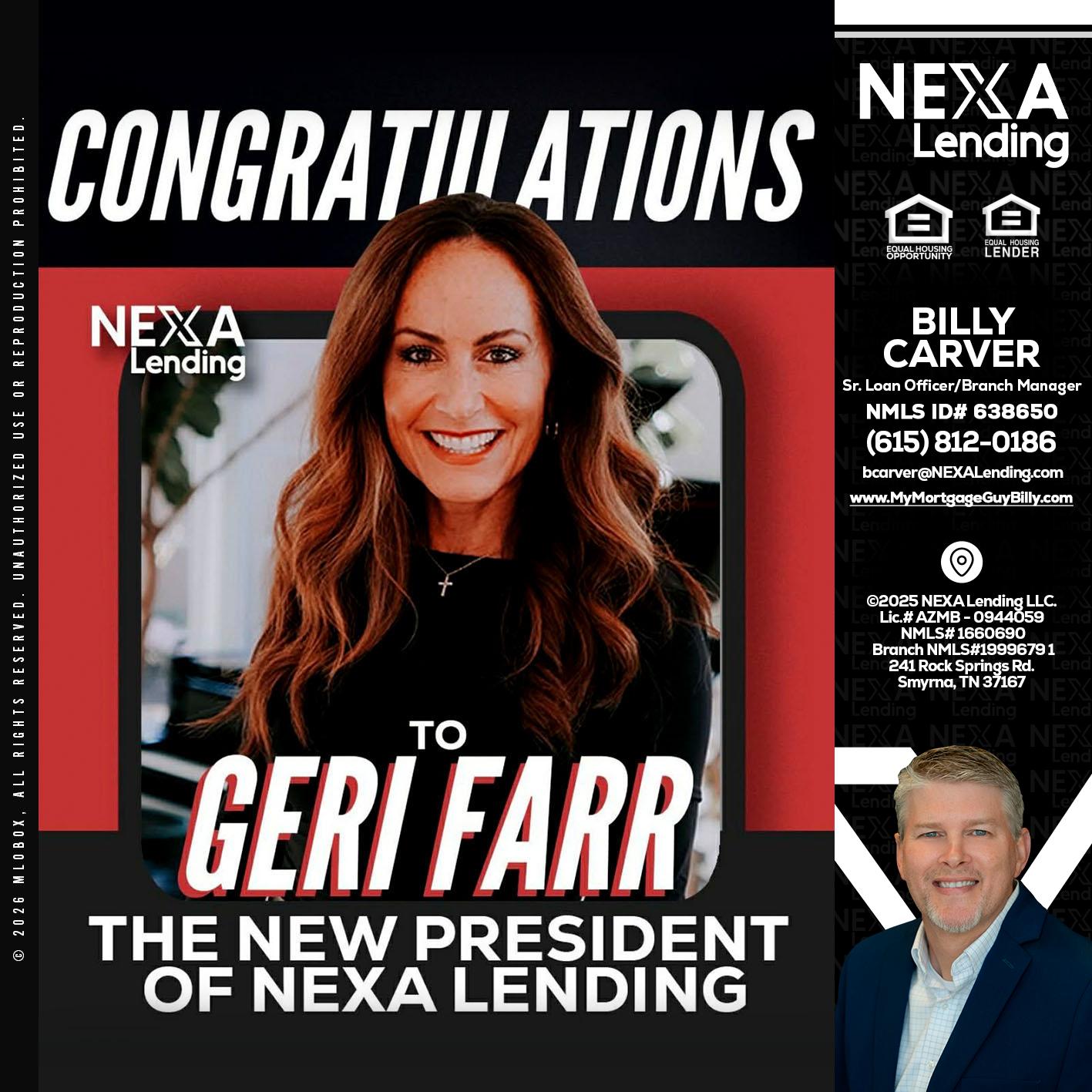 CONGRATULATIONS - Billy Carver -Sr Loan Officer / Branch Manager