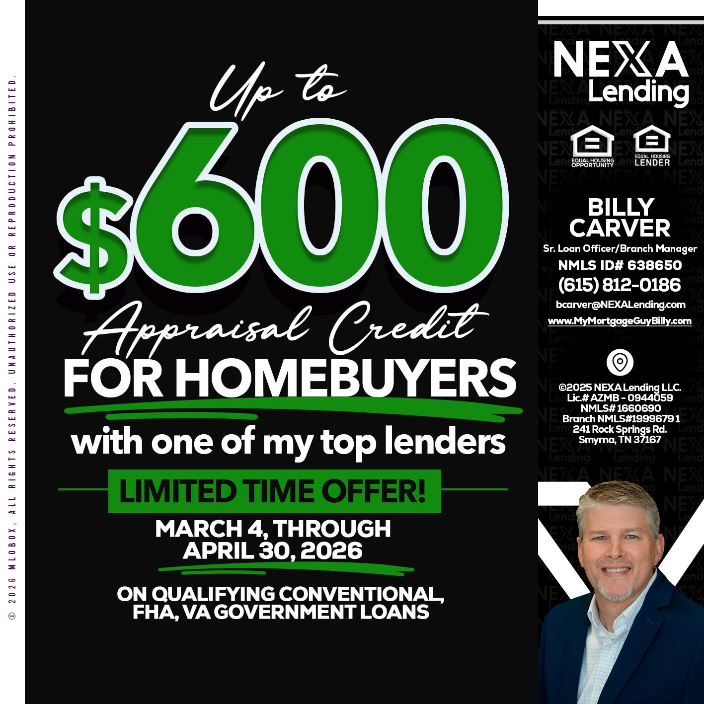 UP TO 600 - Billy Carver -Sr Loan Officer / Branch Manager