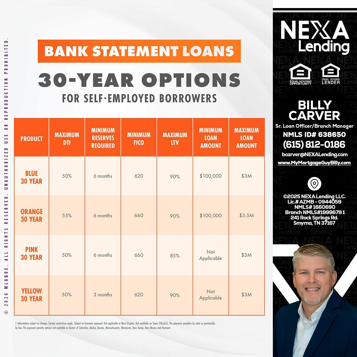 30 YEARS OPTIONS - Billy Carver -Sr Loan Officer / Branch Manager